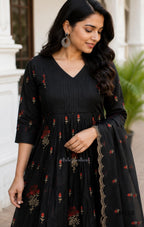 Black Mul Chanderi churidar set with red rose embroidery, straight pant and embroidered dupatta.