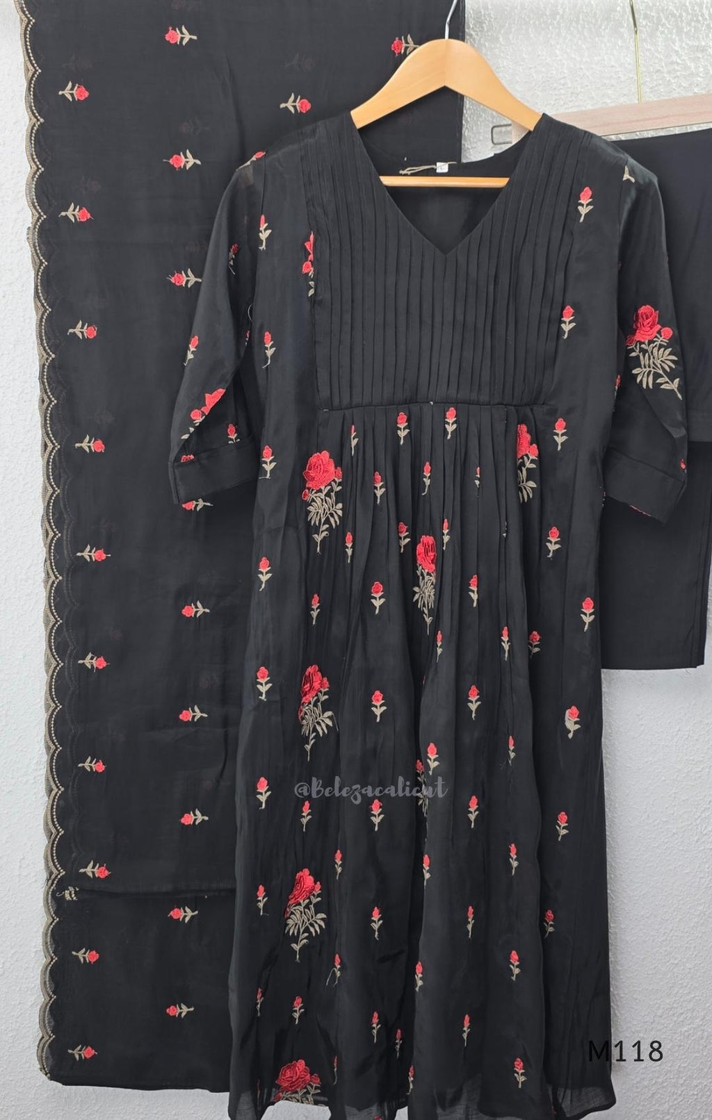 Black Mul Chanderi churidar set with red rose embroidery, straight pant and embroidered dupatta.