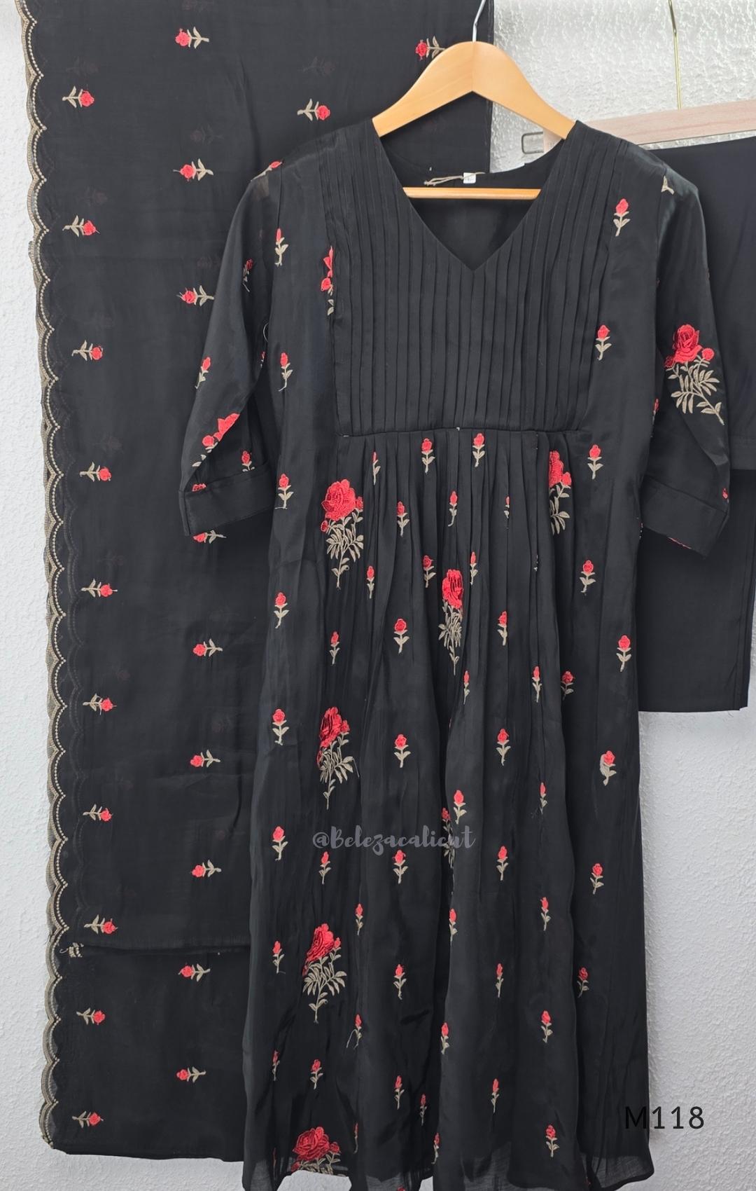 Black Mul Chanderi churidar set with red rose embroidery, straight pant and embroidered dupatta.