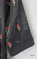 Black Mul Chanderi churidar set with red rose embroidery, straight pant and embroidered dupatta.