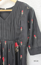 Black Mul Chanderi churidar set with red rose embroidery, straight pant and embroidered dupatta.