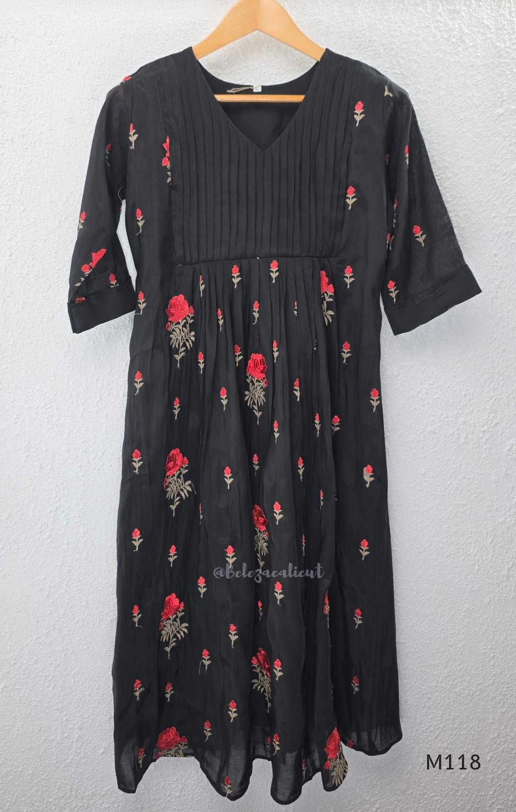 Black Mul Chanderi churidar set with red rose embroidery, straight pant and embroidered dupatta.