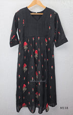 Black Mul Chanderi churidar set with red rose embroidery, straight pant and embroidered dupatta.