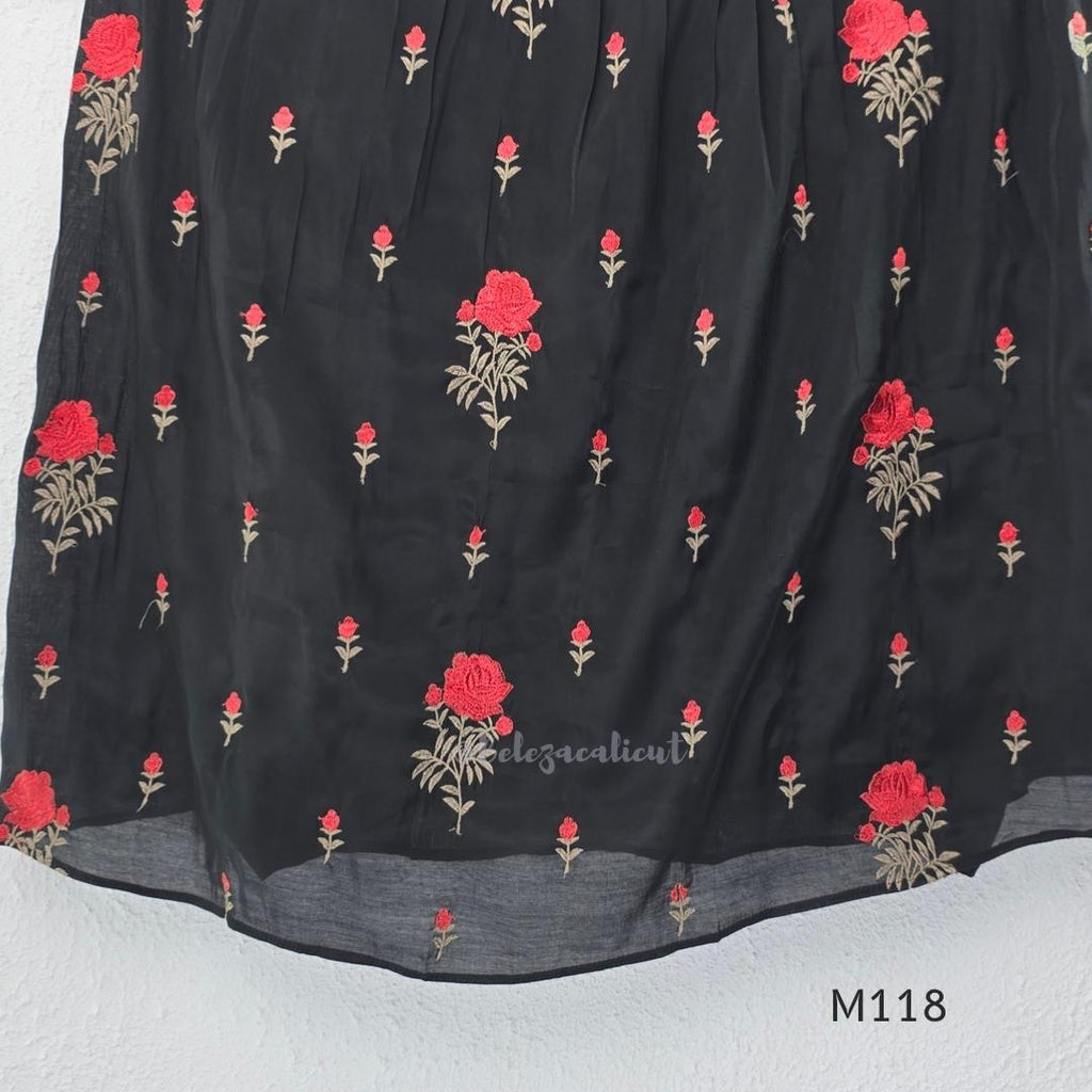 Black Mul Chanderi churidar set with red rose embroidery, straight pant and embroidered dupatta.