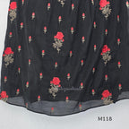 Black Mul Chanderi churidar set with red rose embroidery, straight pant and embroidered dupatta.