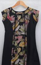 Black silk blend A-line long kurta with muted multicolour abstract floral centre panel and plain black side panels.