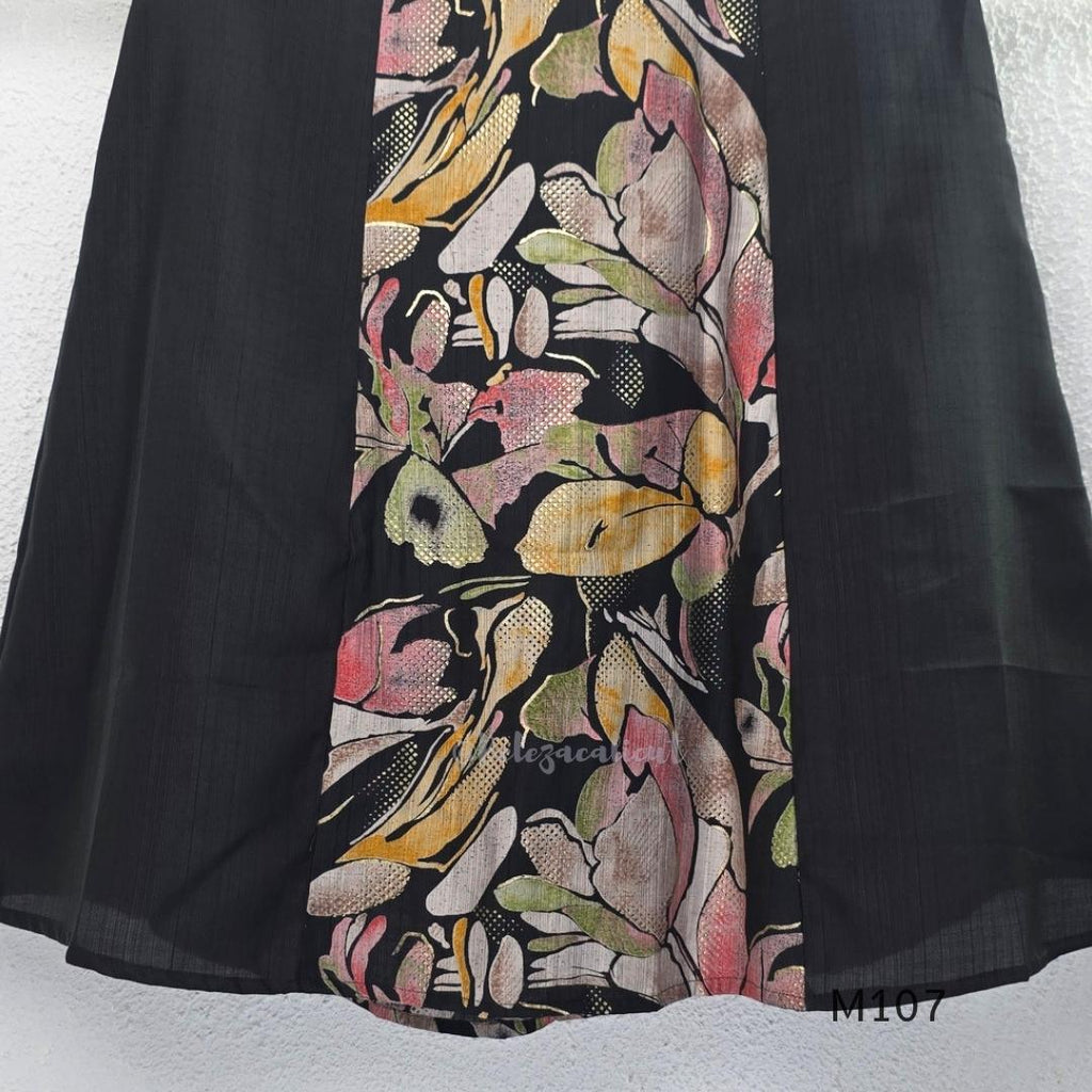 Black silk blend A-line long kurta with muted multicolour abstract floral centre panel and plain black side panels.
