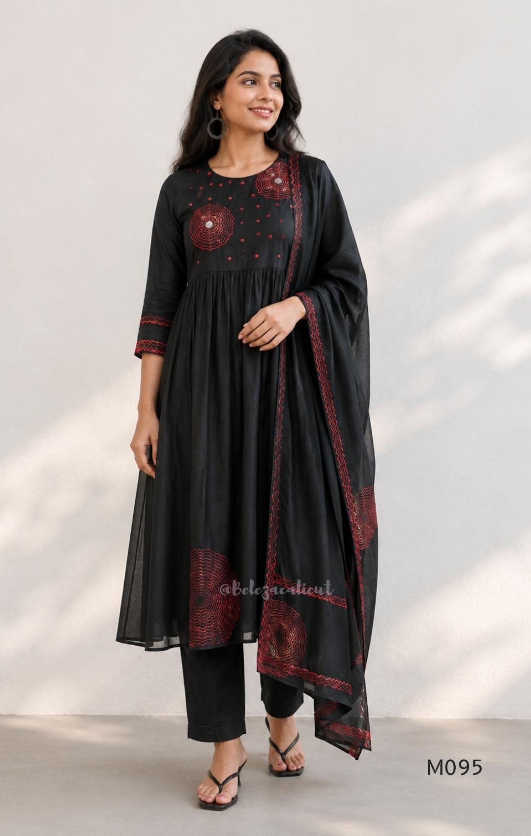 Black and teal blue Mul Chanderi 3-piece churidar sets with red circular embroidery and coordinated dupattas.