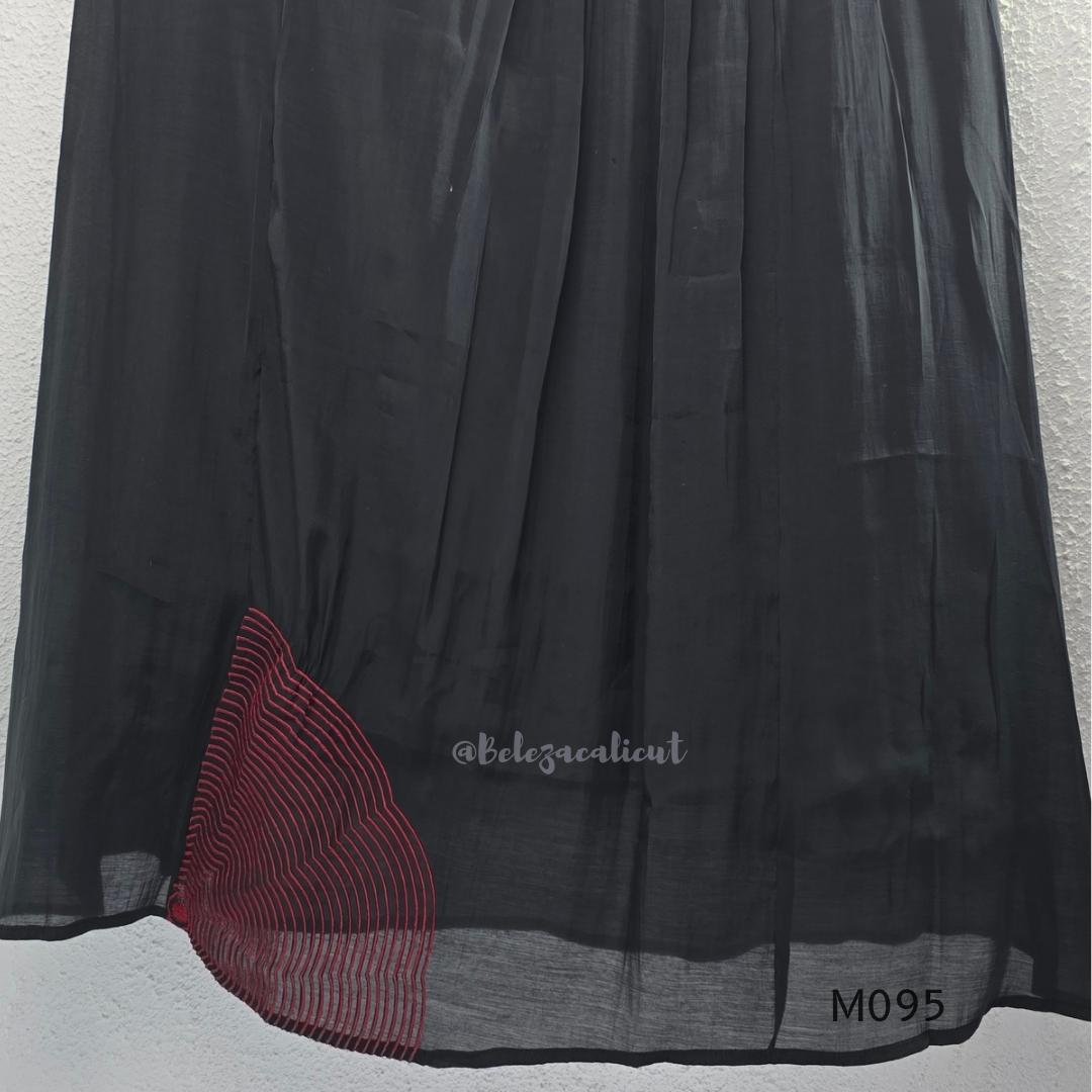 Black and teal blue Mul Chanderi 3-piece churidar sets with red circular embroidery and coordinated dupattas.