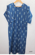 Blue cotton women’s top with light leaf print, notch neckline, elbow-length sleeves, and straight everyday fit.