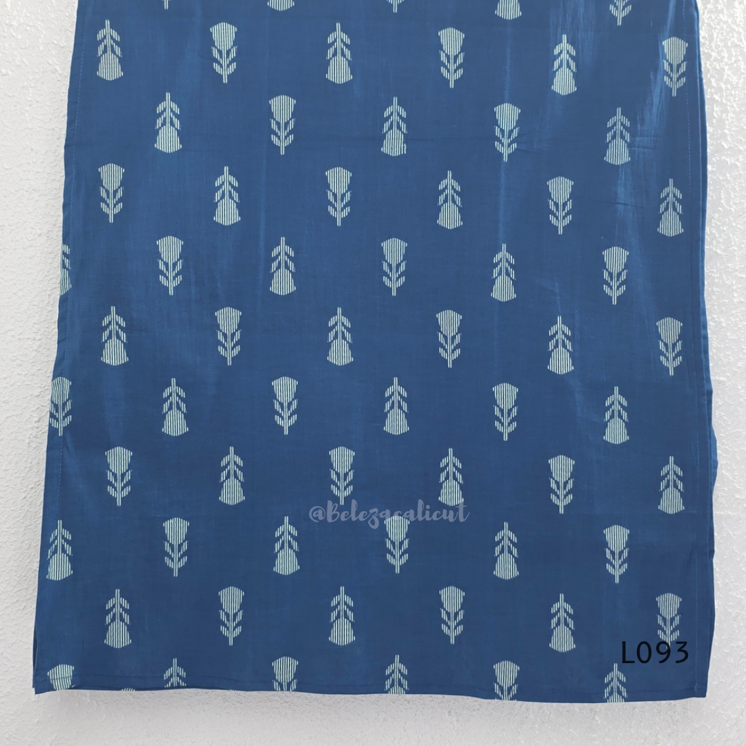 Blue cotton women’s top with light leaf print, notch neckline, elbow-length sleeves, and straight everyday fit.