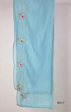 Aqua blue  Mul Chanderi three-piece churidar sets with floral embroidery, scalloped kurta hems and cuffs, plain pants and matching dupattas.