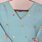Aqua blue  Mul Chanderi three-piece churidar sets with floral embroidery, scalloped kurta hems and cuffs, plain pants and matching dupattas.