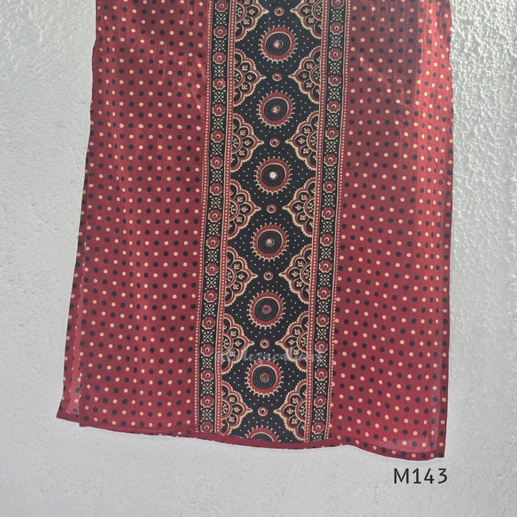 Brick red cotton top-and-bottom coord set with dotted print and black mirror-detail front panel.