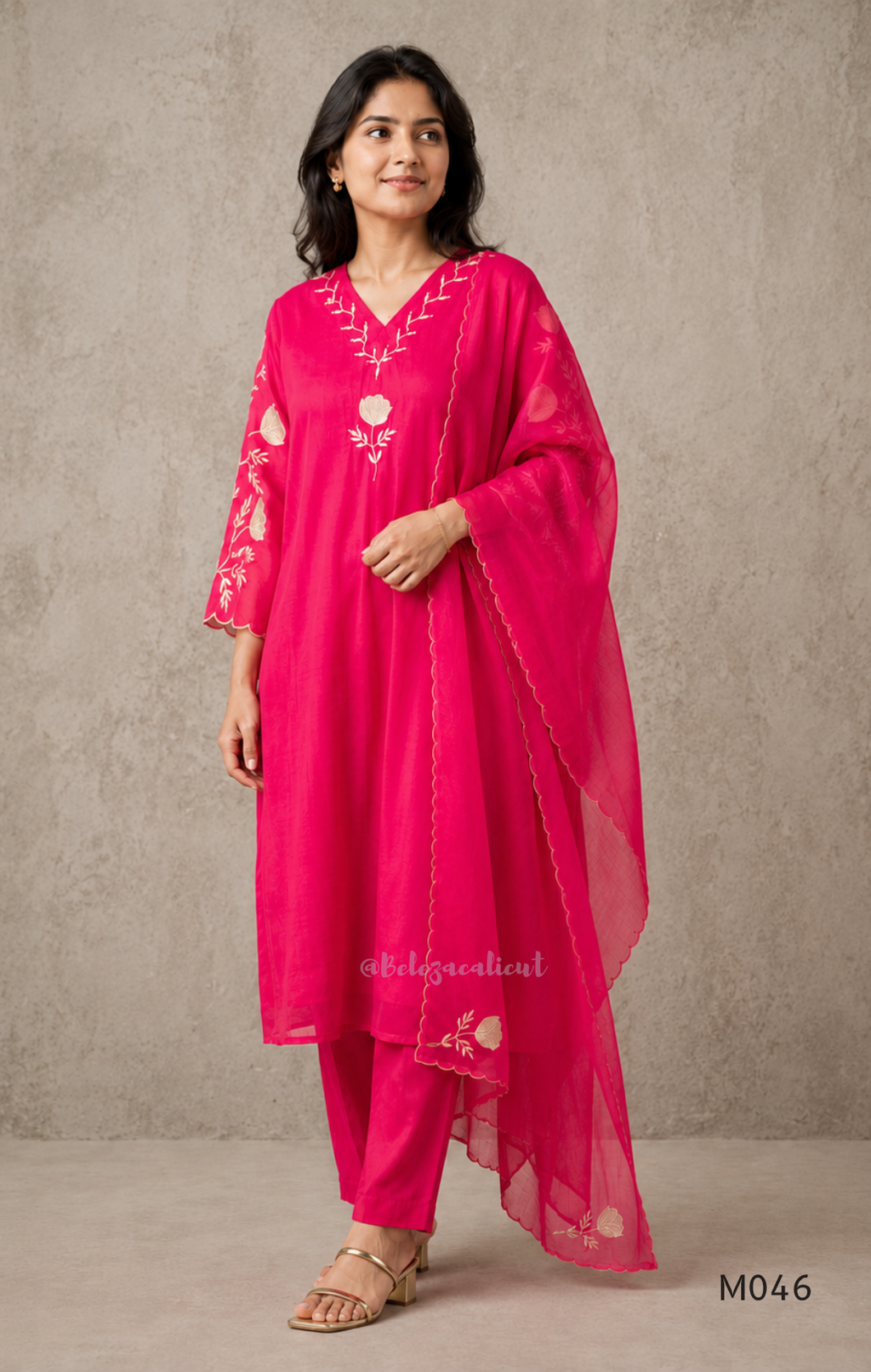 Bright rani red mul chanderi 3-piece churidar set with beige floral embroidery, scallop dupatta border and relaxed fit.