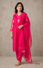 Bright rani red mul chanderi 3-piece churidar set with beige floral embroidery, scallop dupatta border and relaxed fit.