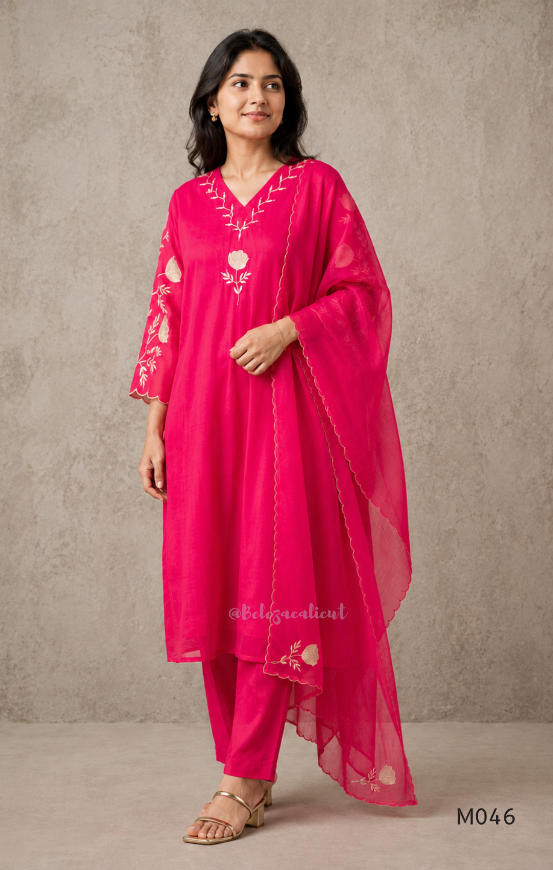 Bright rani red mul chanderi 3-piece churidar set with beige floral embroidery, scallop dupatta border and relaxed fit.