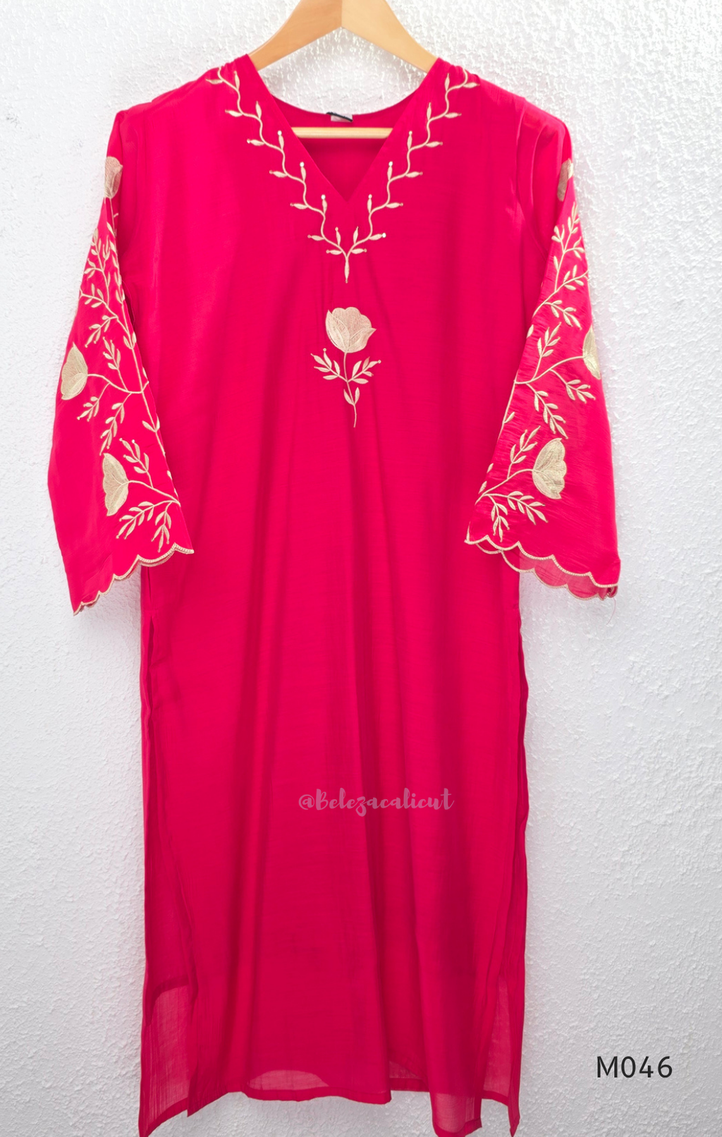 Bright rani red mul chanderi 3-piece churidar set with beige floral embroidery, scallop dupatta border and relaxed fit.