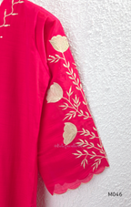 Bright rani red mul chanderi 3-piece churidar set with beige floral embroidery, scallop dupatta border and relaxed fit.