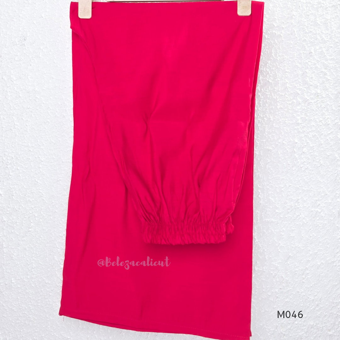 Bright rani red mul chanderi 3-piece churidar set with beige floral embroidery, scallop dupatta border and relaxed fit.