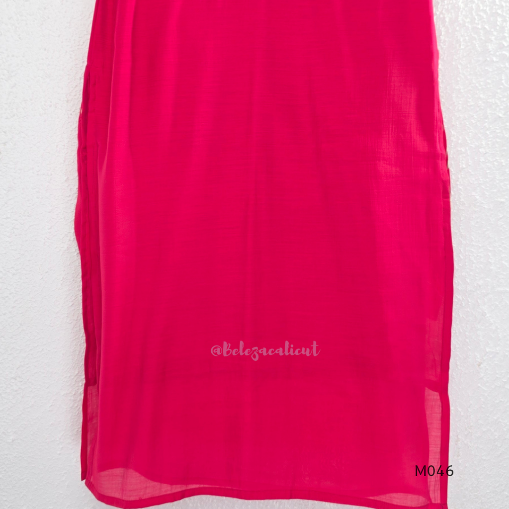 Bright rani red mul chanderi 3-piece churidar set with beige floral embroidery, scallop dupatta border and relaxed fit.