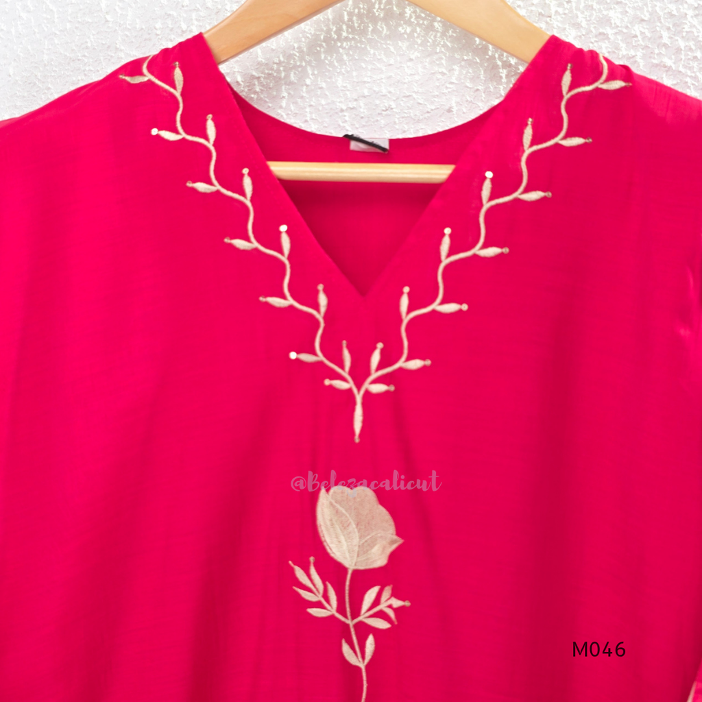 Bright rani red mul chanderi 3-piece churidar set with beige floral embroidery, scallop dupatta border and relaxed fit.