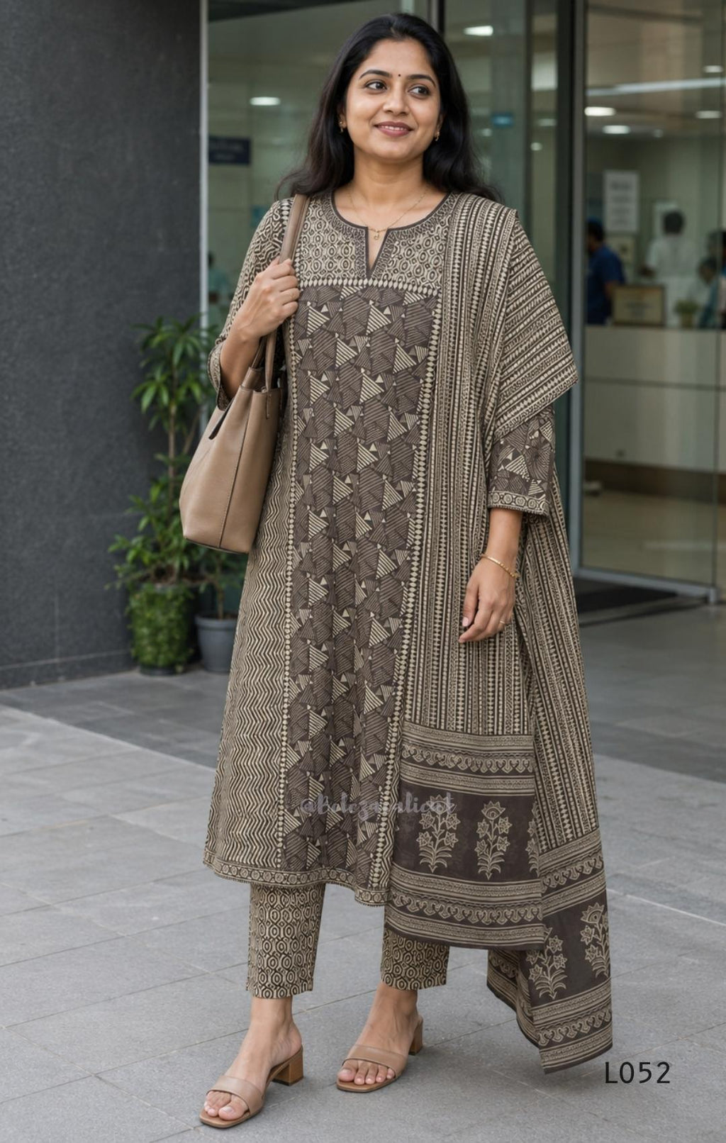 Brown and beige cotton churidar set with geometric block print kurti, matching bottom and printed dupatta at Beleza Calicut.