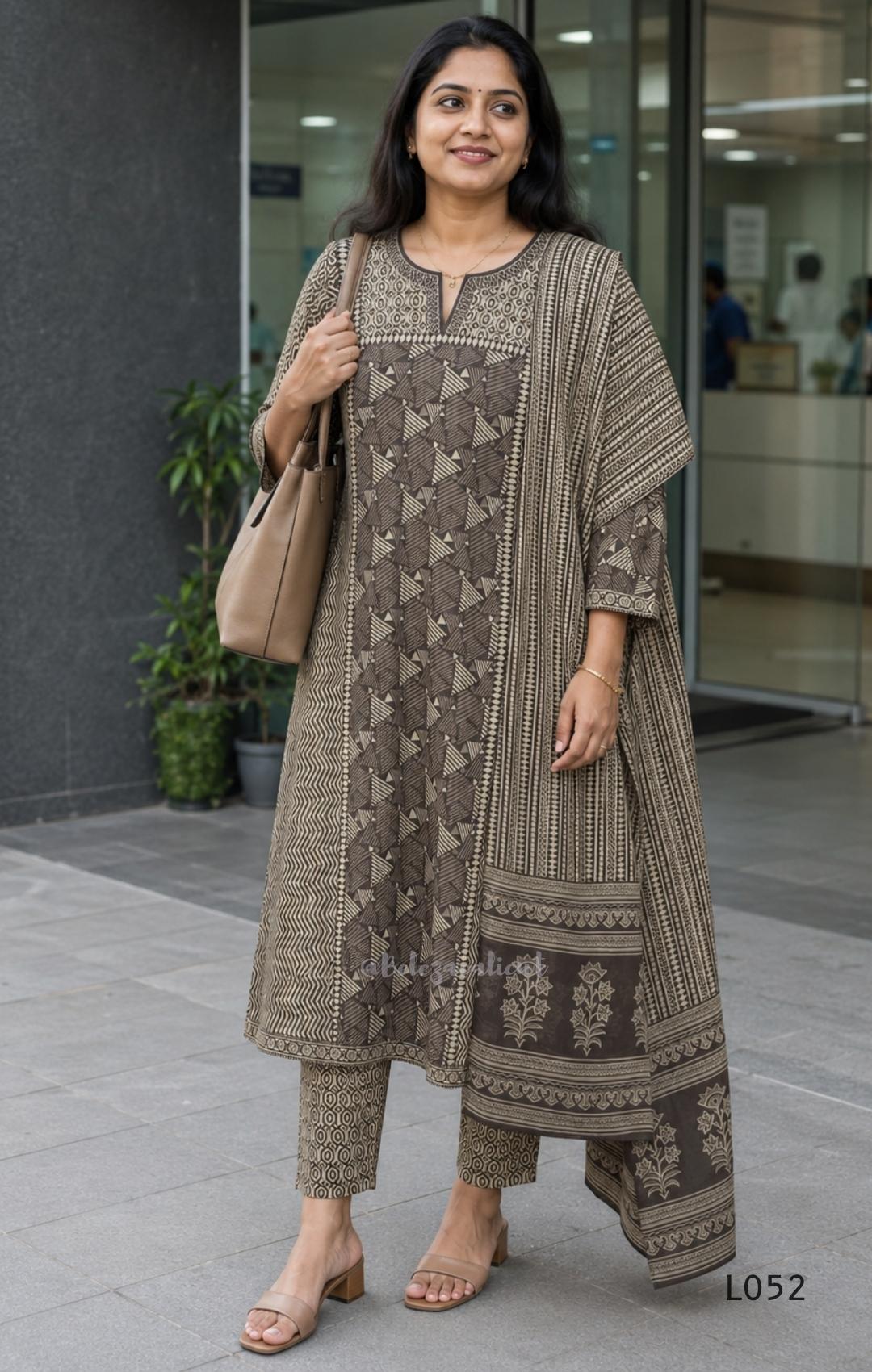 Brown and beige cotton churidar set with geometric block print kurti, matching bottom and printed dupatta at Beleza Calicut.