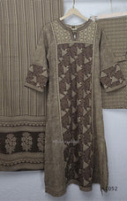 Brown and beige cotton churidar set with geometric block print kurti, matching bottom and printed dupatta at Beleza Calicut.