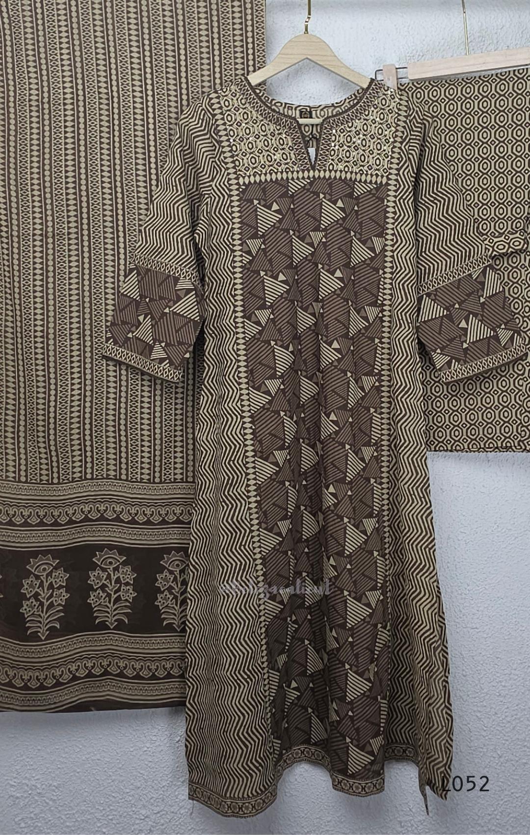 Brown and beige cotton churidar set with geometric block print kurti, matching bottom and printed dupatta at Beleza Calicut.