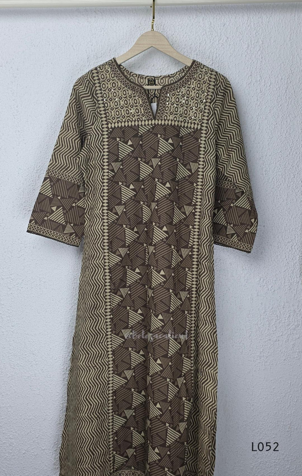 Brown and beige cotton churidar set with geometric block print kurti, matching bottom and printed dupatta at Beleza Calicut.