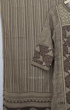 Brown and beige cotton churidar set with geometric block print kurti, matching bottom and printed dupatta at Beleza Calicut.
