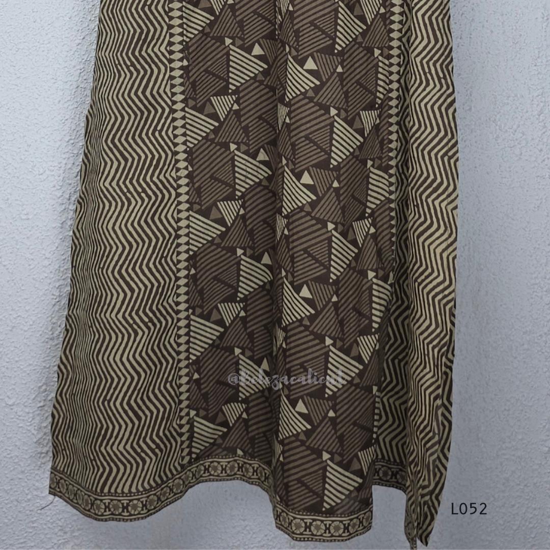 Brown and beige cotton churidar set with geometric block print kurti, matching bottom and printed dupatta at Beleza Calicut.