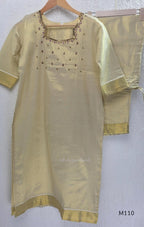 Champagne gold tissue silk 2-piece set with embellished neckline, elbow sleeves, straight kurta and matching bottom.