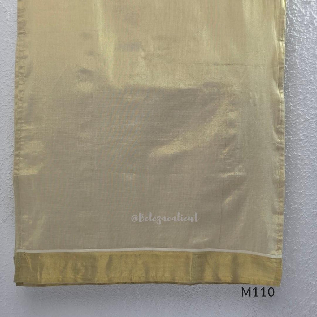 Champagne gold tissue silk 2-piece set with embellished neckline, elbow sleeves, straight kurta and matching bottom.