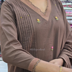 Coffee brown mul cotton churidar set with lining, floral embroidery, dupatta and scallop neckline. Available at Beleza Calicut.