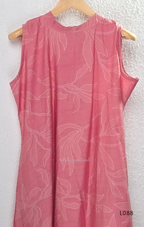 Coral pink rayon blend 2-piece set with white leaf line print, high neck top, back zip and matching printed straight pant.