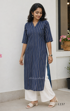 Cotton women’s ethnic top in stripe and floral print patterns with V-neck, straight fit, and everyday kurti-style design.