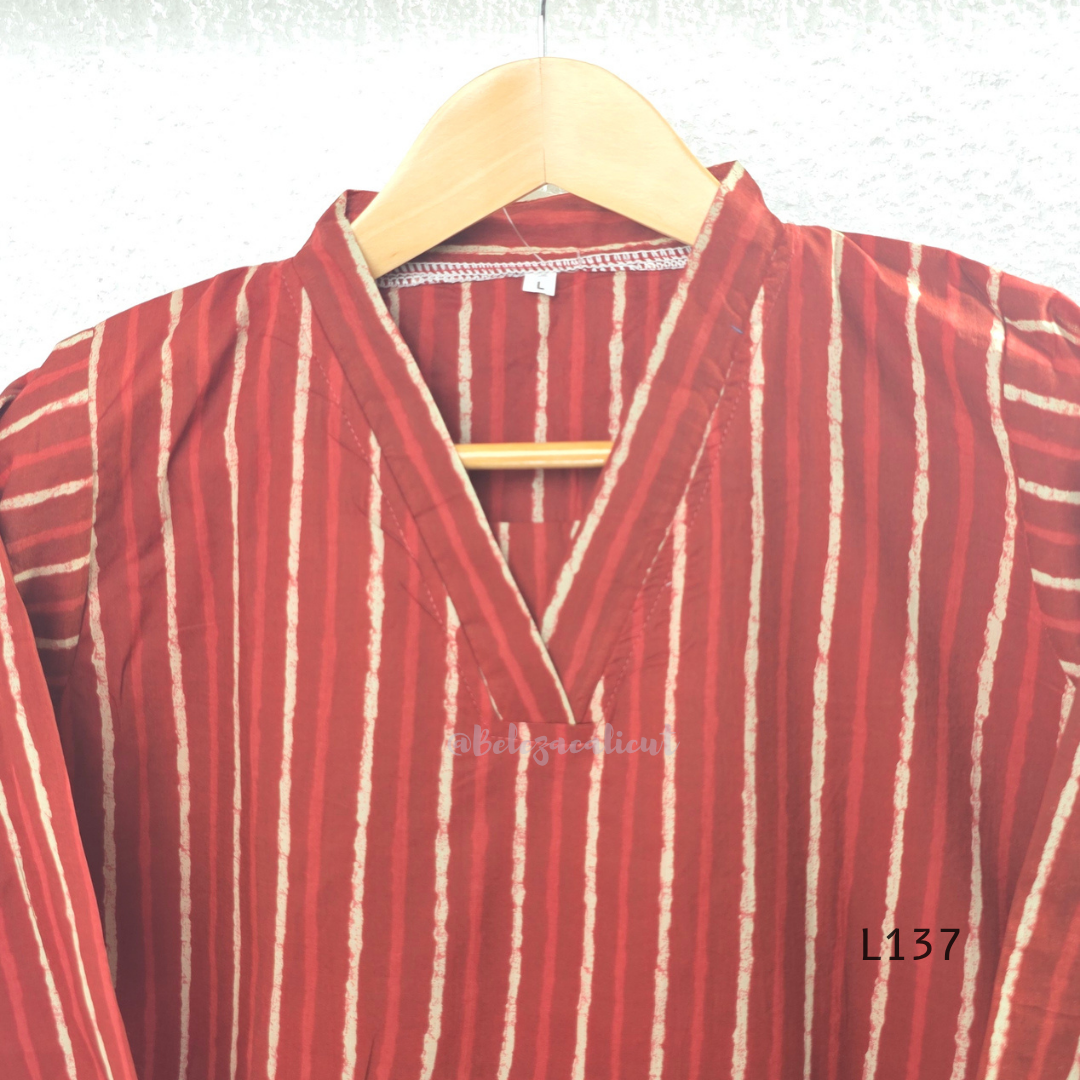 Cotton women’s ethnic top in stripe and floral print patterns with V-neck, straight fit, and everyday kurti-style design.