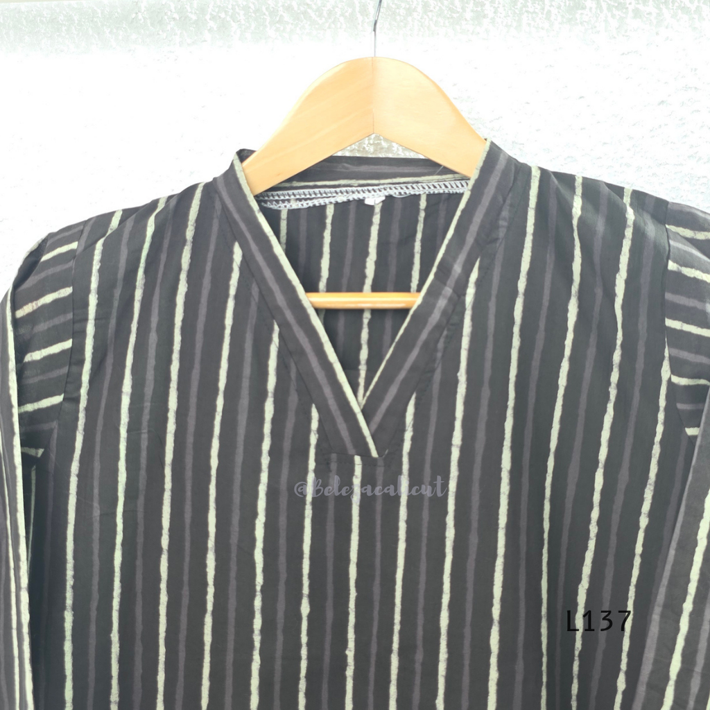 Cotton women’s ethnic top in stripe and floral print patterns with V-neck, straight fit, and everyday kurti-style design.