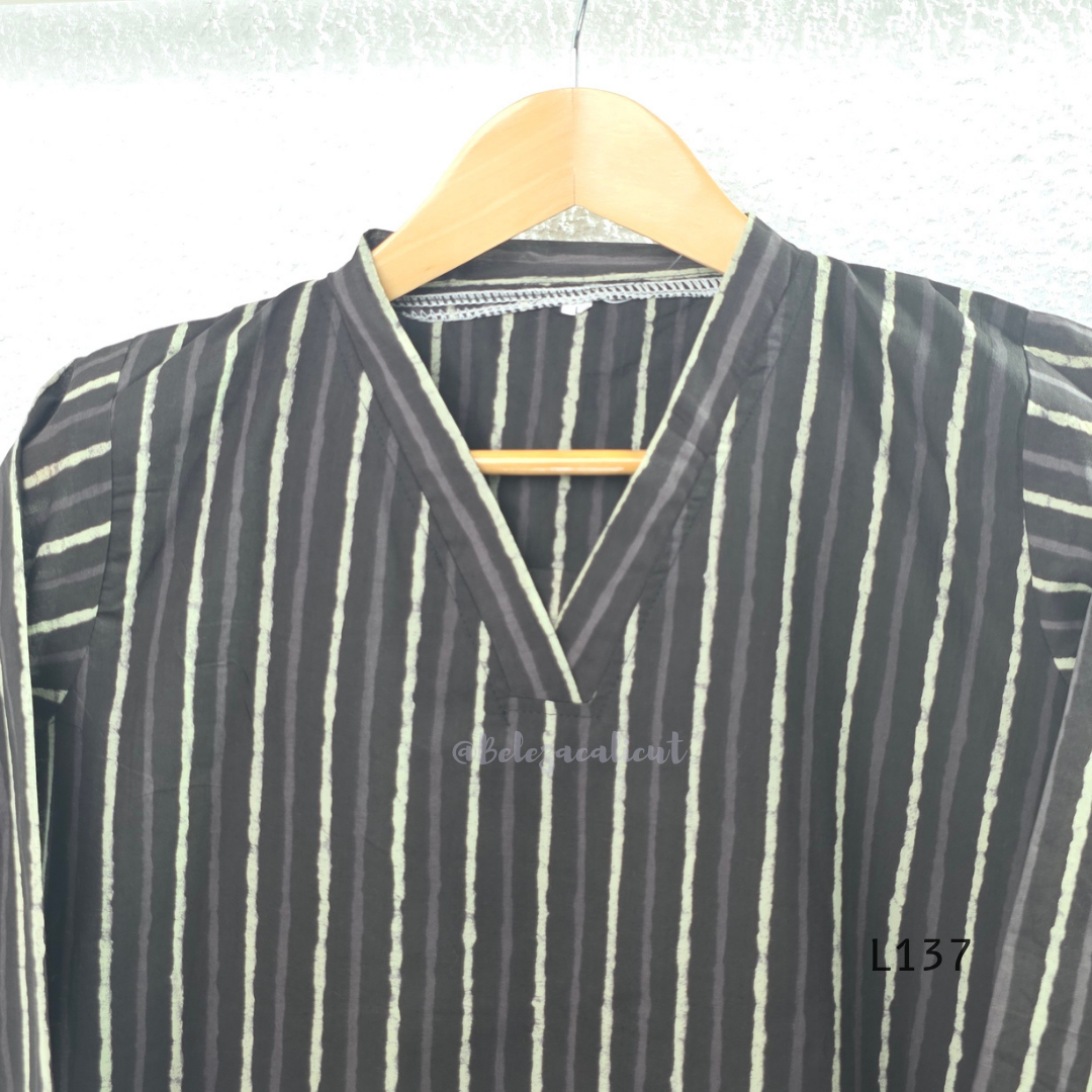 Cotton women’s ethnic top in stripe and floral print patterns with V-neck, straight fit, and everyday kurti-style design.