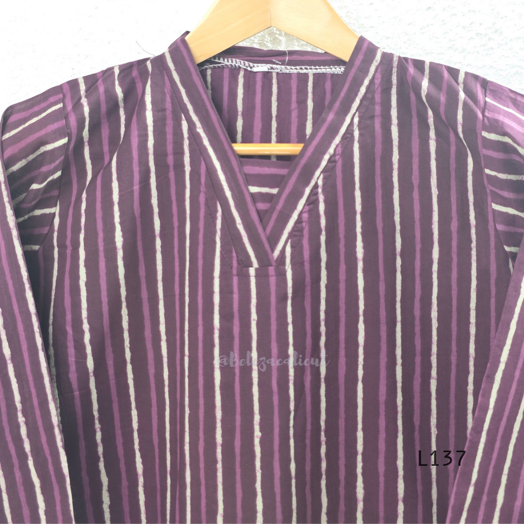 Cotton women’s ethnic top in stripe and floral print patterns with V-neck, straight fit, and everyday kurti-style design.