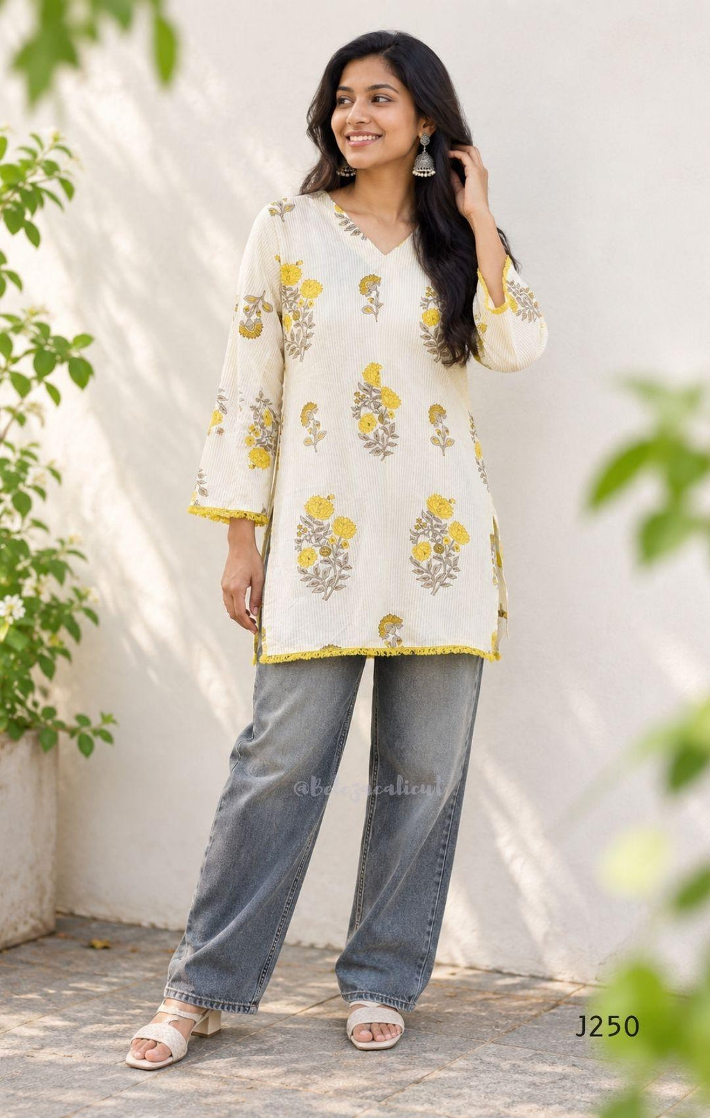 Light cream cotton short top with fine stripes and yellow-grey floral print, sold as a top only at Beleza, Mankavu, Calicut.