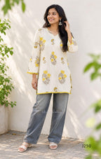 Light cream cotton short top with fine stripes and yellow-grey floral print, sold as a top only at Beleza, Mankavu, Calicut.