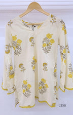 Light cream cotton short top with fine stripes and yellow-grey floral print, sold as a top only at Beleza, Mankavu, Calicut.