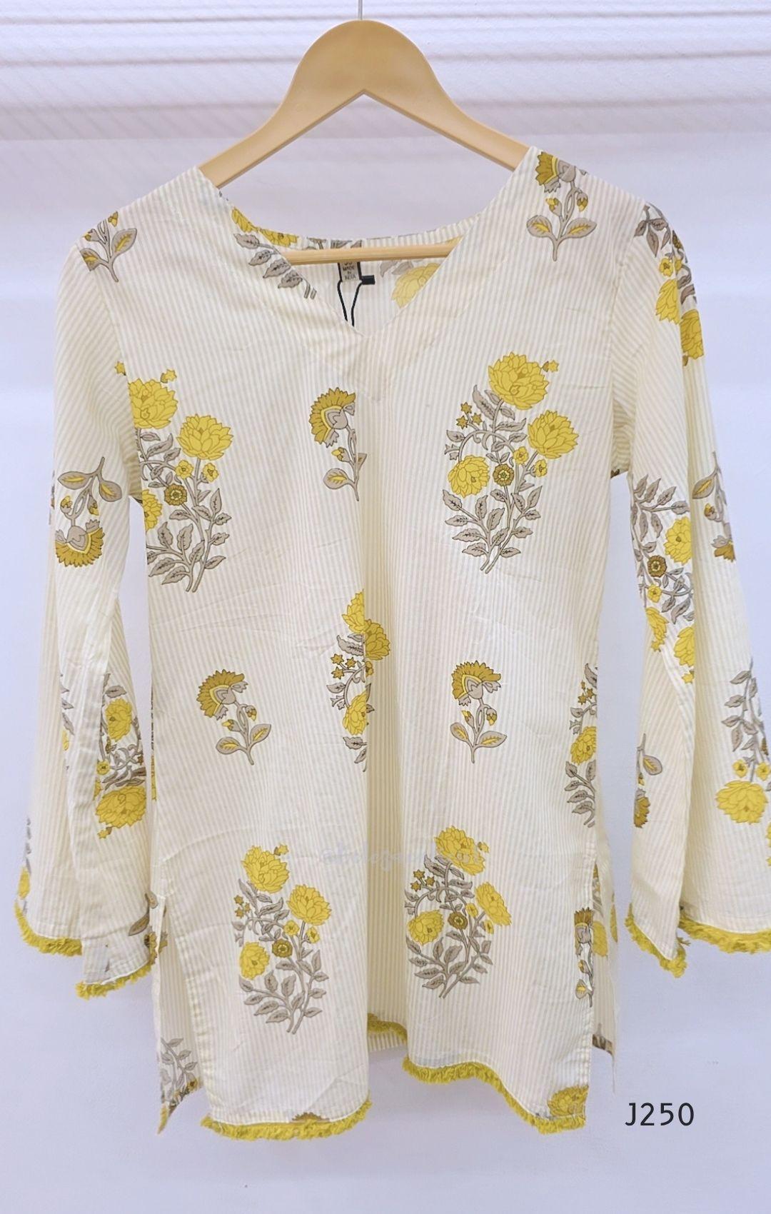 Light cream cotton short top with fine stripes and yellow-grey floral print, sold as a top only at Beleza, Mankavu, Calicut.