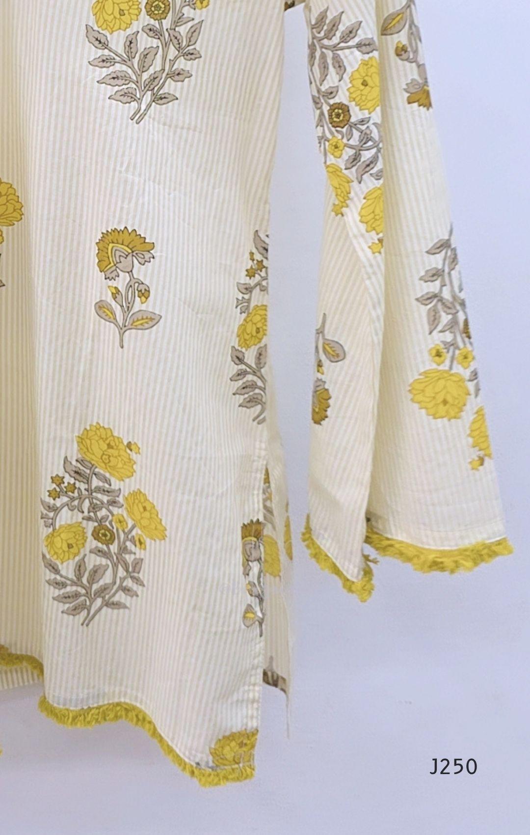 Light cream cotton short top with fine stripes and yellow-grey floral print, sold as a top only at Beleza, Mankavu, Calicut.