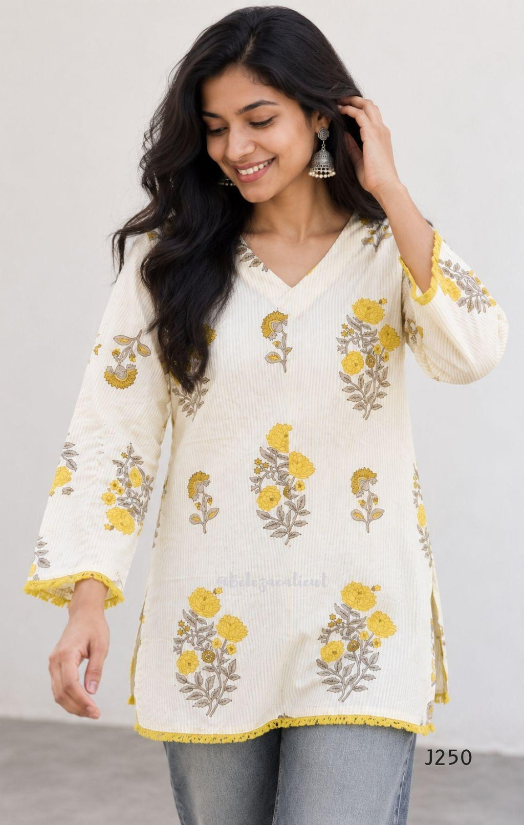 Light cream cotton short top with fine stripes and yellow-grey floral print, sold as a top only at Beleza, Mankavu, Calicut.