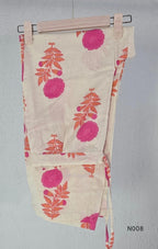 Cream flex cotton top and straight-pant co-ord set with bright pink and orange floral motifs and decorative neckline trim.
