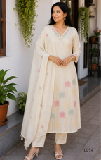 Cream mul cotton churidar set with lining, pastel pink and powder blue floral embroidery, matching dupatta, 3/4 sleeves and V-neck bead detail 